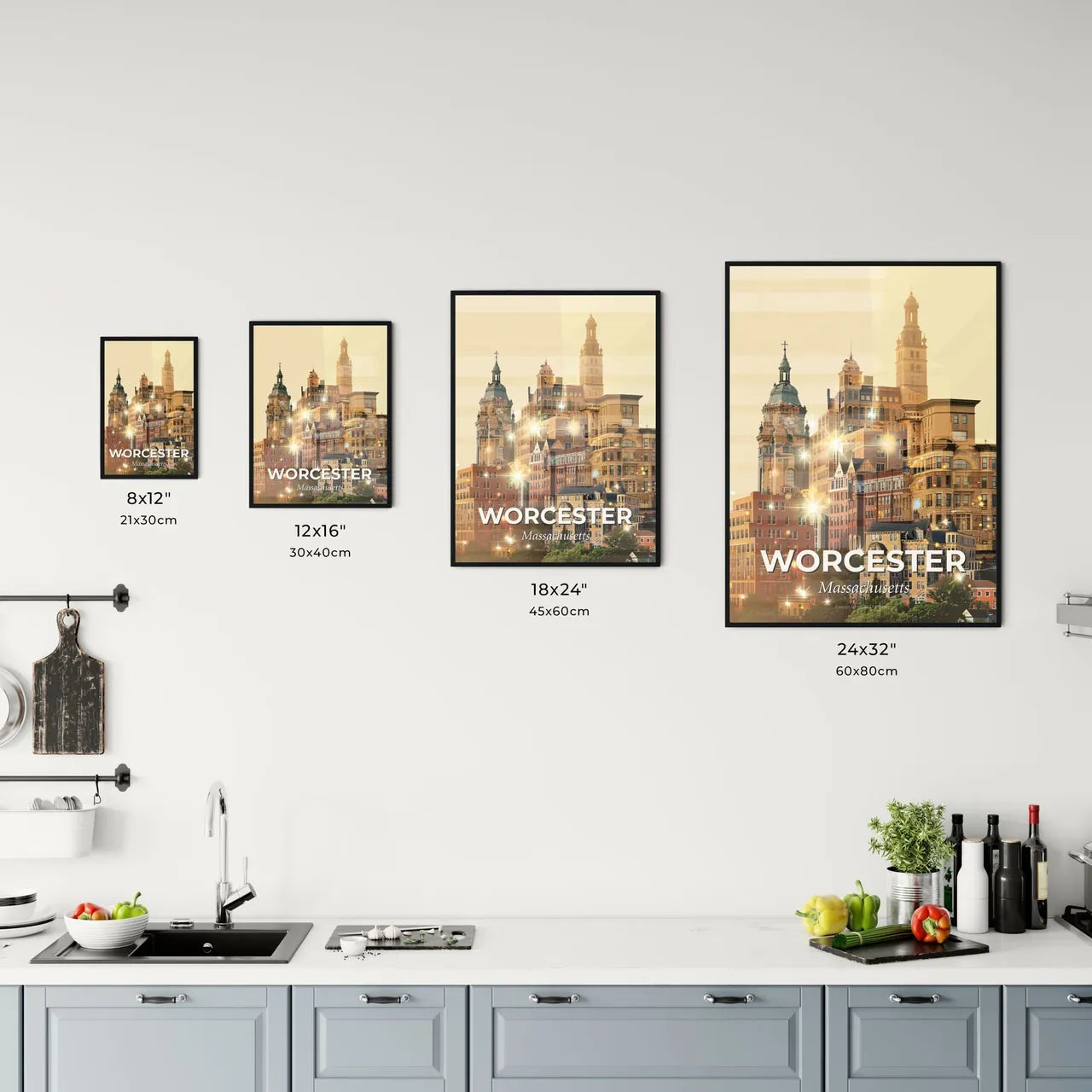 Worcester City Skyline Double Exposure Art - A city skyline with many buildings Size Chart