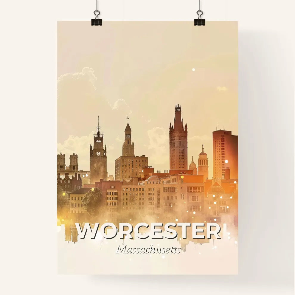 Worcester Skyline Composite Art - Bright & Sparkly - A city skyline with many buildings and trees Poster