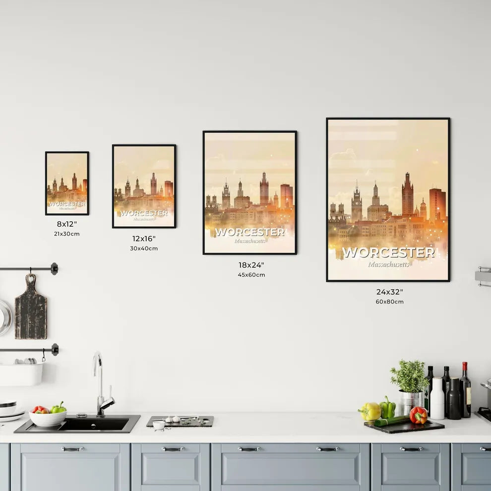 Worcester Skyline Composite Art - Bright & Sparkly - A city skyline with many buildings and trees Size Chart