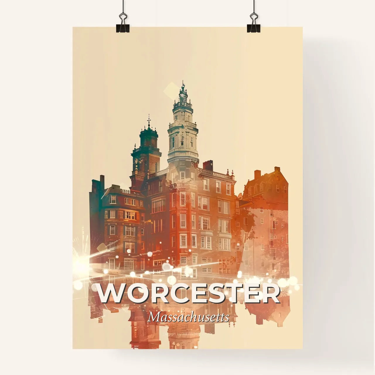 Worcester City Skyline Composite Art: Local Landmarks - A building with a tower and a tower Poster