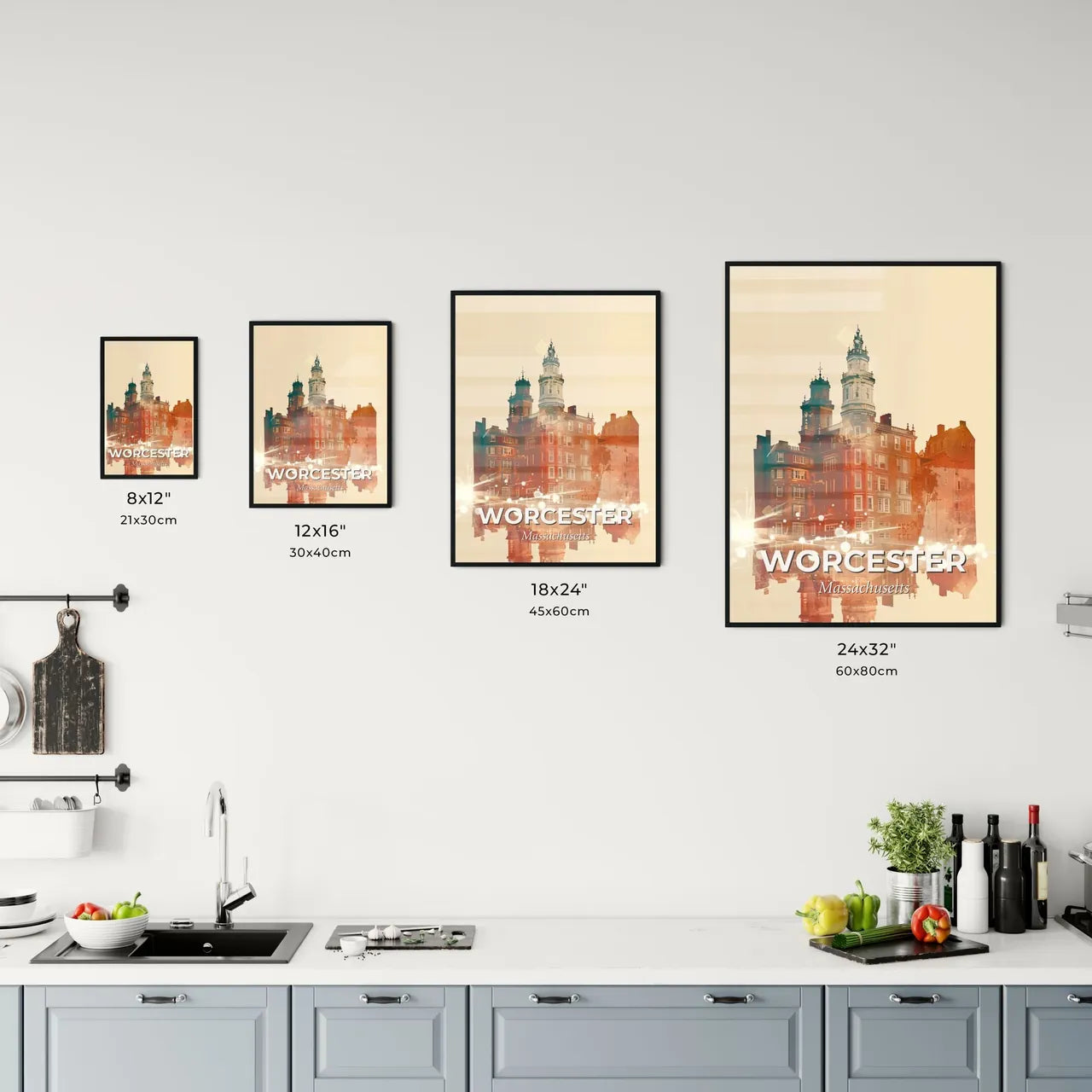 Worcester City Skyline Composite Art: Local Landmarks - A building with a tower and a tower Size Chart