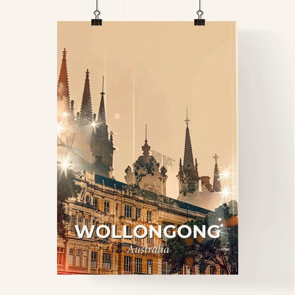 Wollongong Cityscape Splendor in Beige - A building with spires and trees Poster