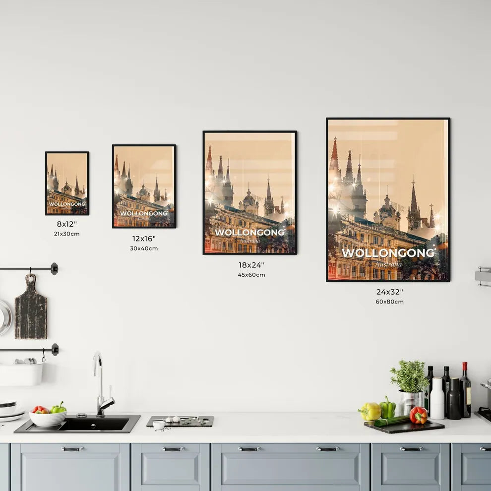 Wollongong Cityscape Splendor in Beige - A building with spires and trees Size Chart