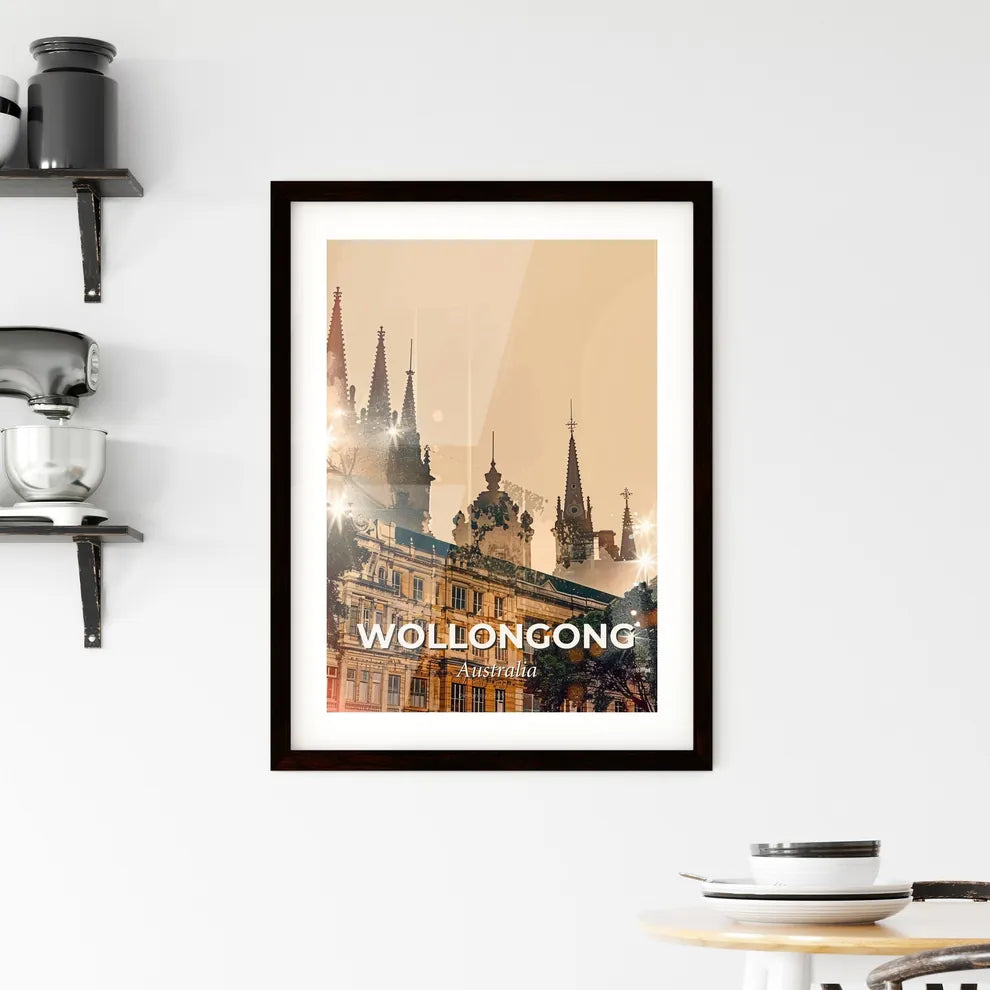 Wollongong Cityscape Splendor in Beige - A building with spires and trees Custom Print