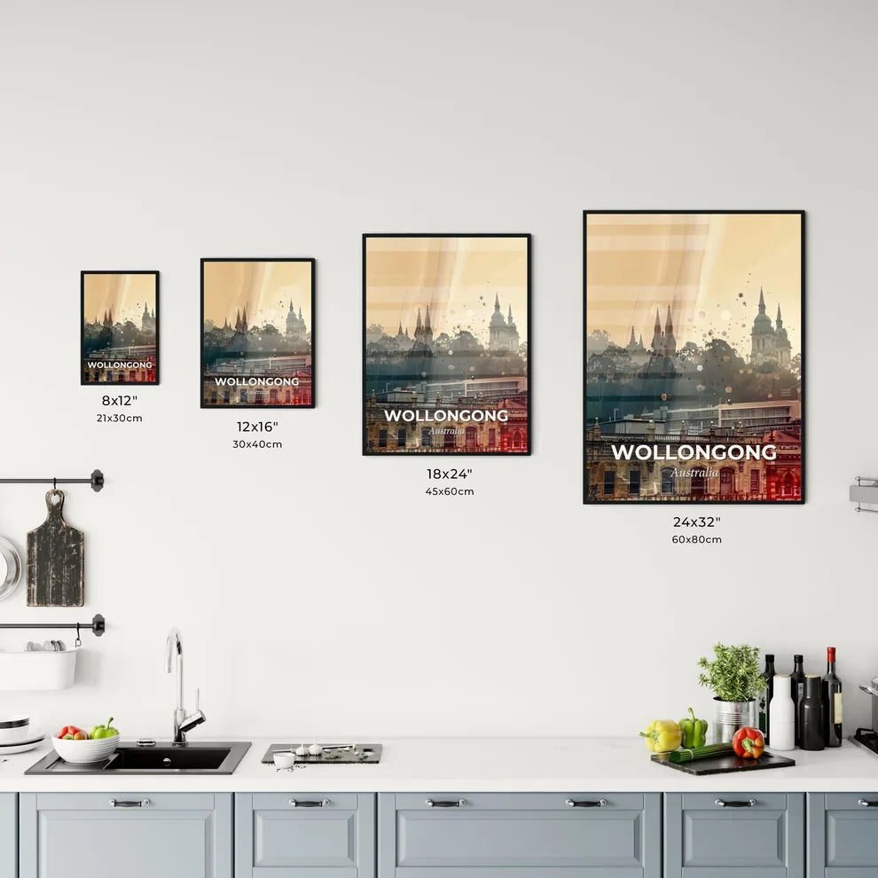 Wollongong Skyline Art Print with Vibrant Local Colors - A city with buildings and trees Size Chart