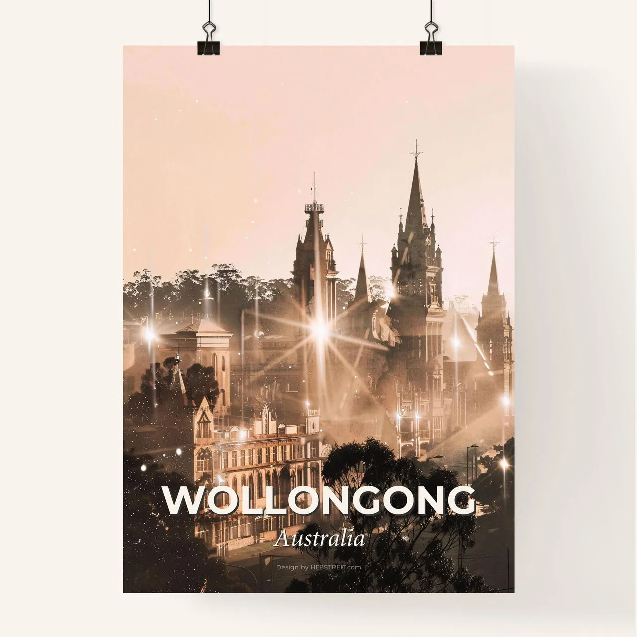 Wollongong City Skyline Sunset Composite Artwork - A city with many towers and trees Poster