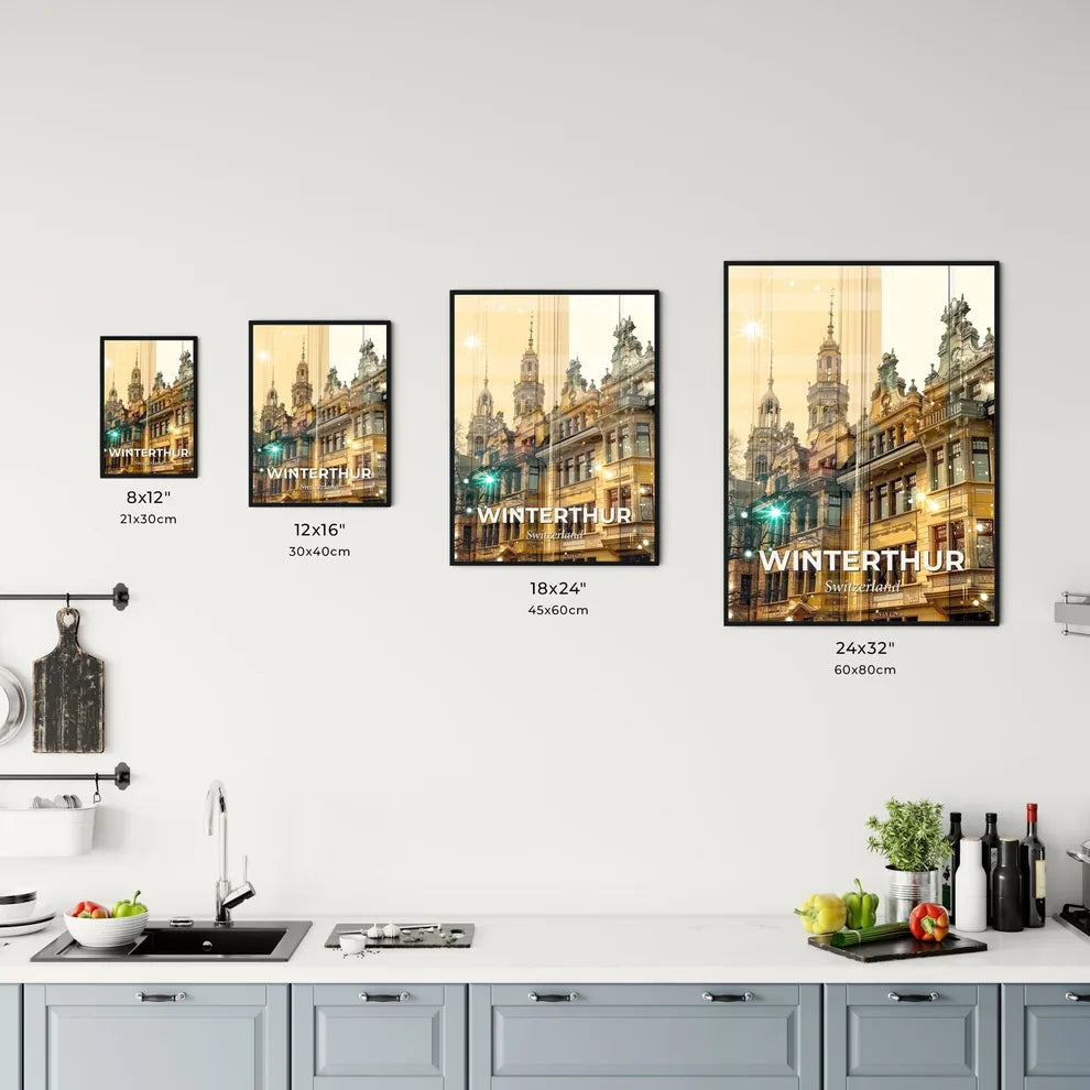 Winterthur Cityscape Architecture Silhouette Poster - A building with a tower Size Chart