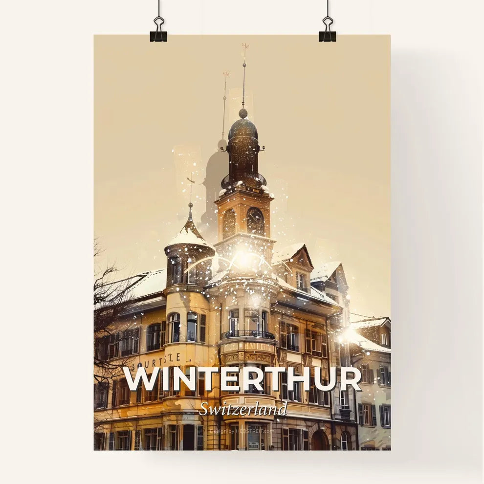 Winterthur: City Skyline Double Exposure Art - A building with a tower and snow Poster
