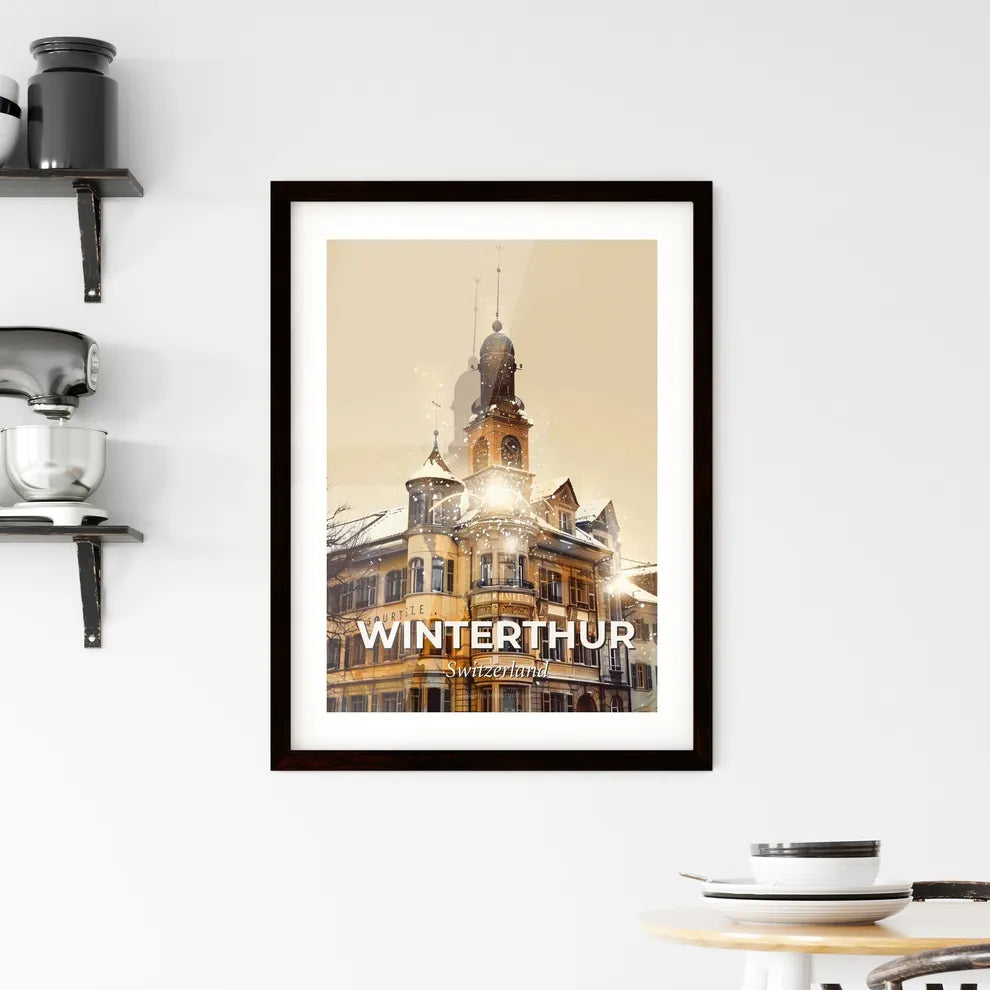 Winterthur: City Skyline Double Exposure Art - A building with a tower and snow Custom Print