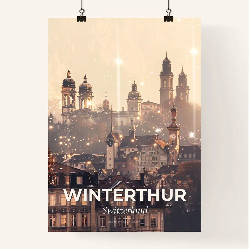 Winterthur Skyline Composite Art with Local Colors - A city with many towers and a clock tower Poster