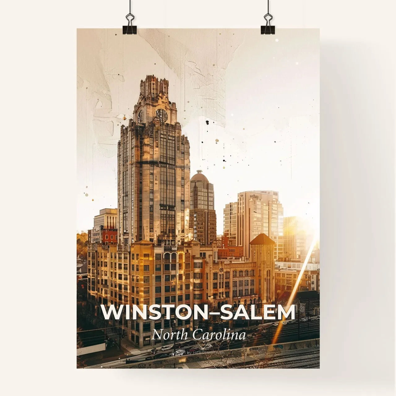 Winston-Salem Skyline Double Exposure Poster Art - A large building with a clock tower Poster