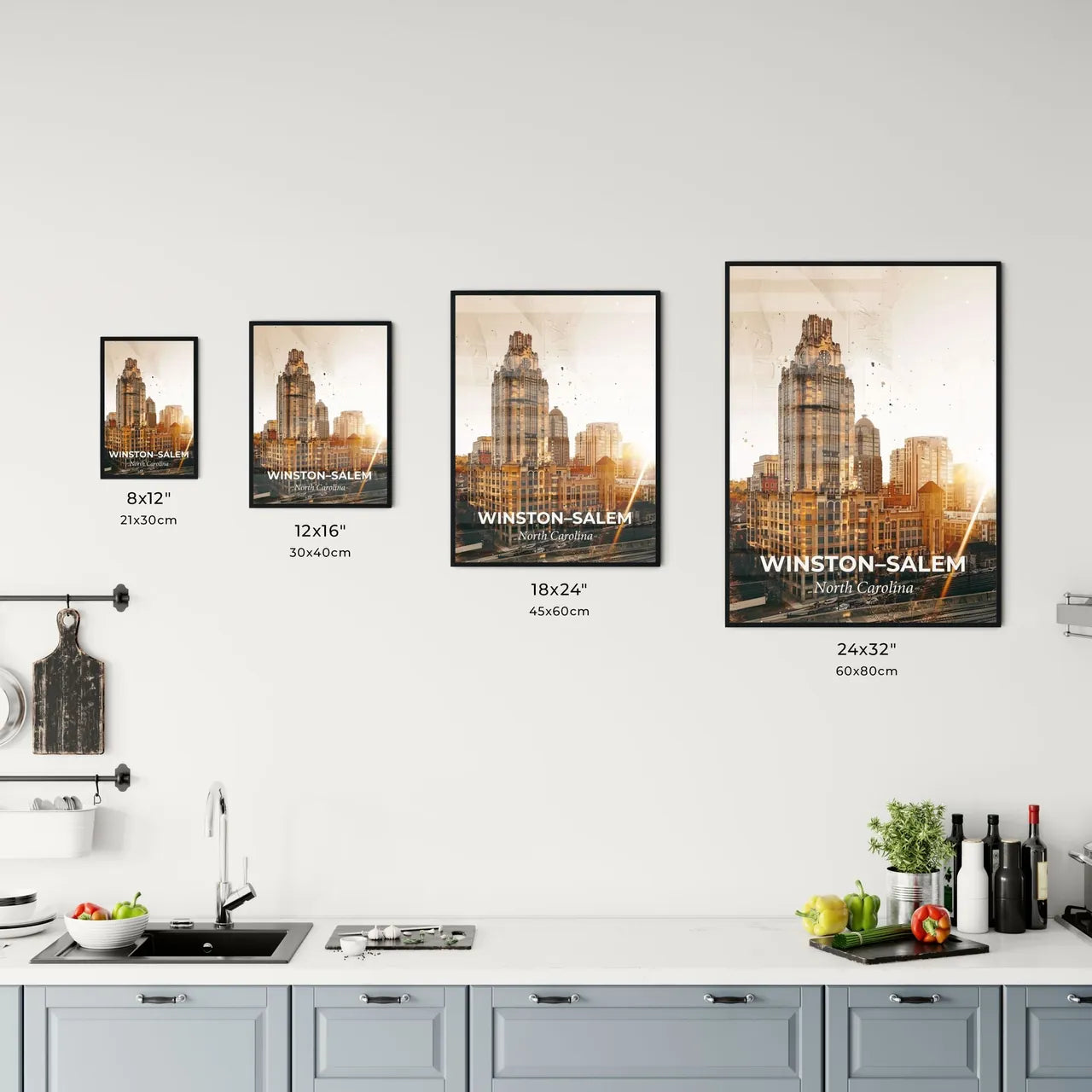 Winston-Salem Skyline Double Exposure Poster Art - A large building with a clock tower Size Chart
