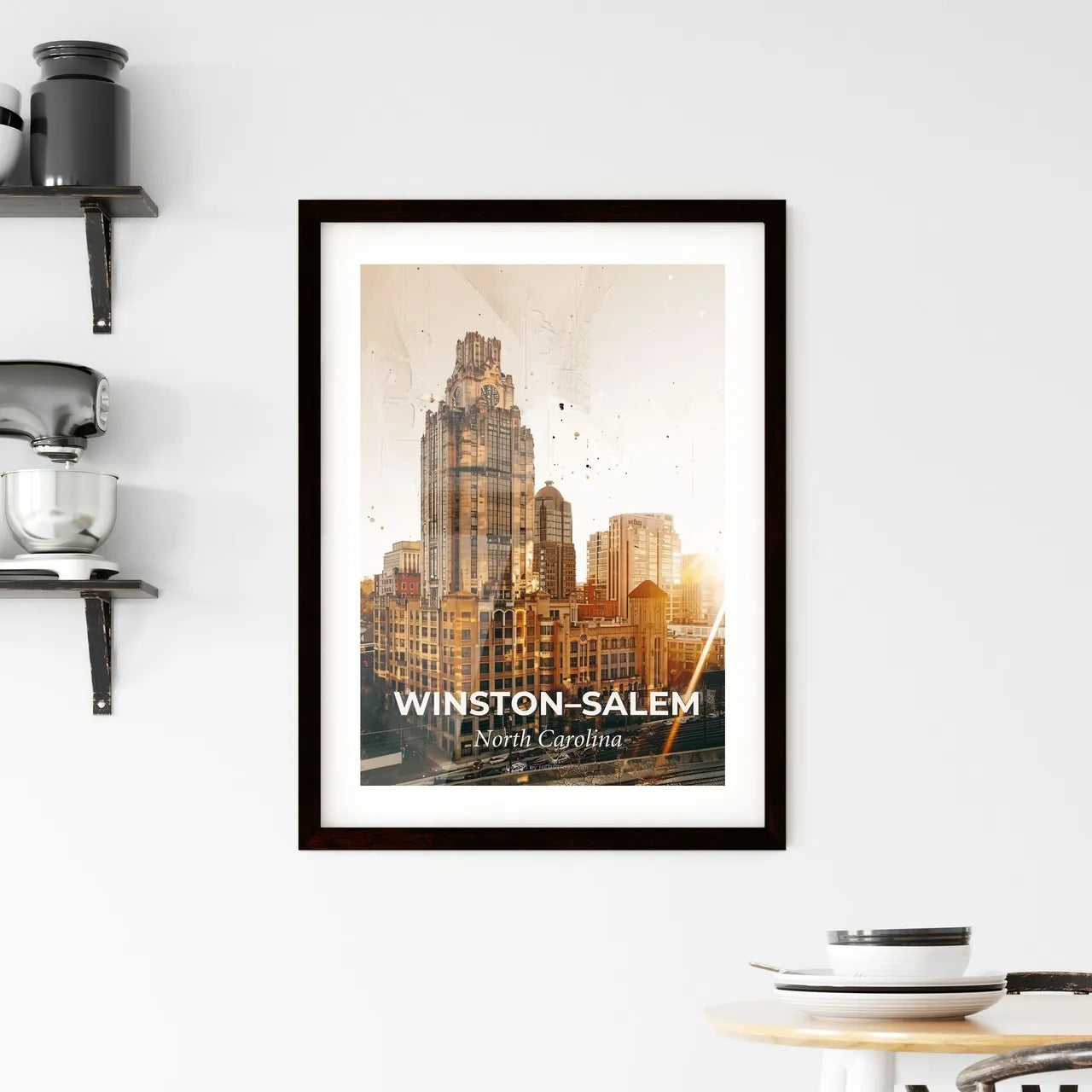 Winston-Salem Skyline Double Exposure Poster Art - A large building with a clock tower Custom Print