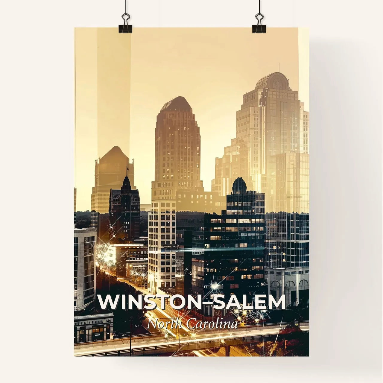 Winston-Salem Skyline Double Exposure Art Poster - A city skyline with many tall buildings Poster