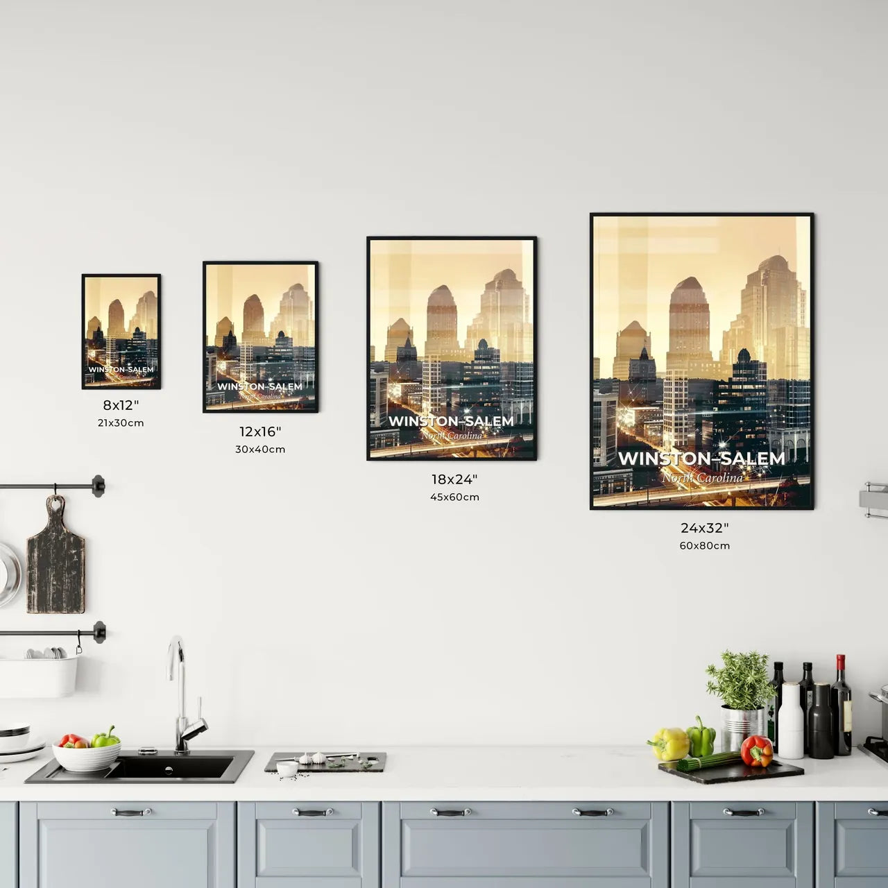 Winston-Salem Skyline Double Exposure Art Poster - A city skyline with many tall buildings Size Chart