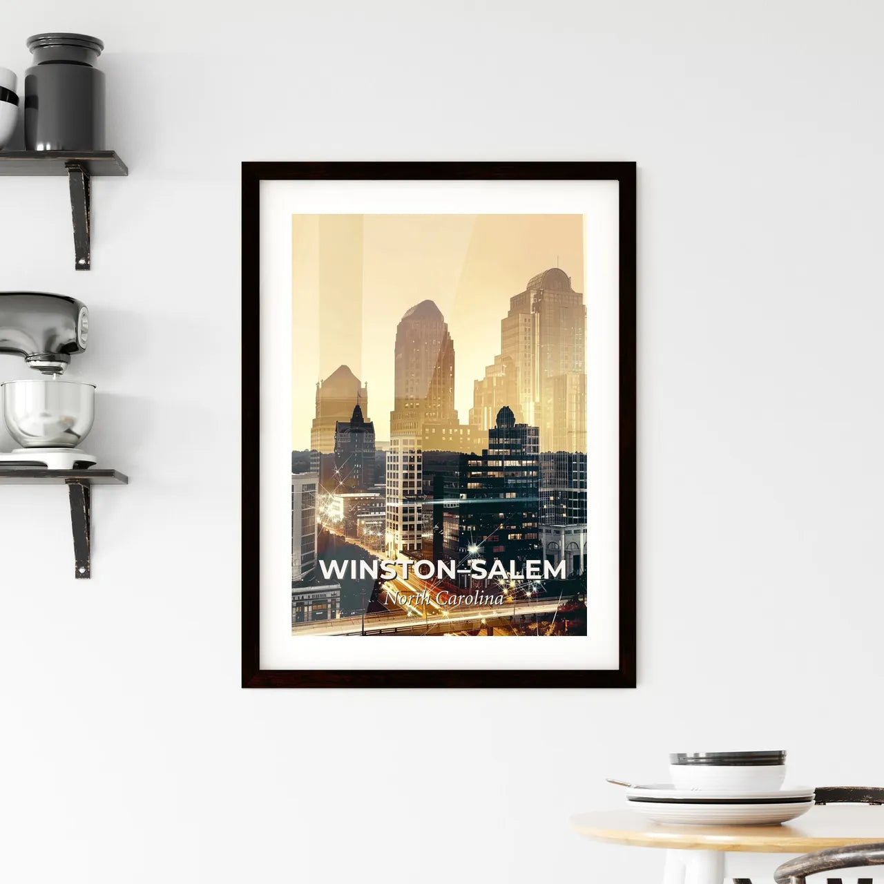 Winston-Salem Skyline Double Exposure Art Poster - A city skyline with many tall buildings Custom Print