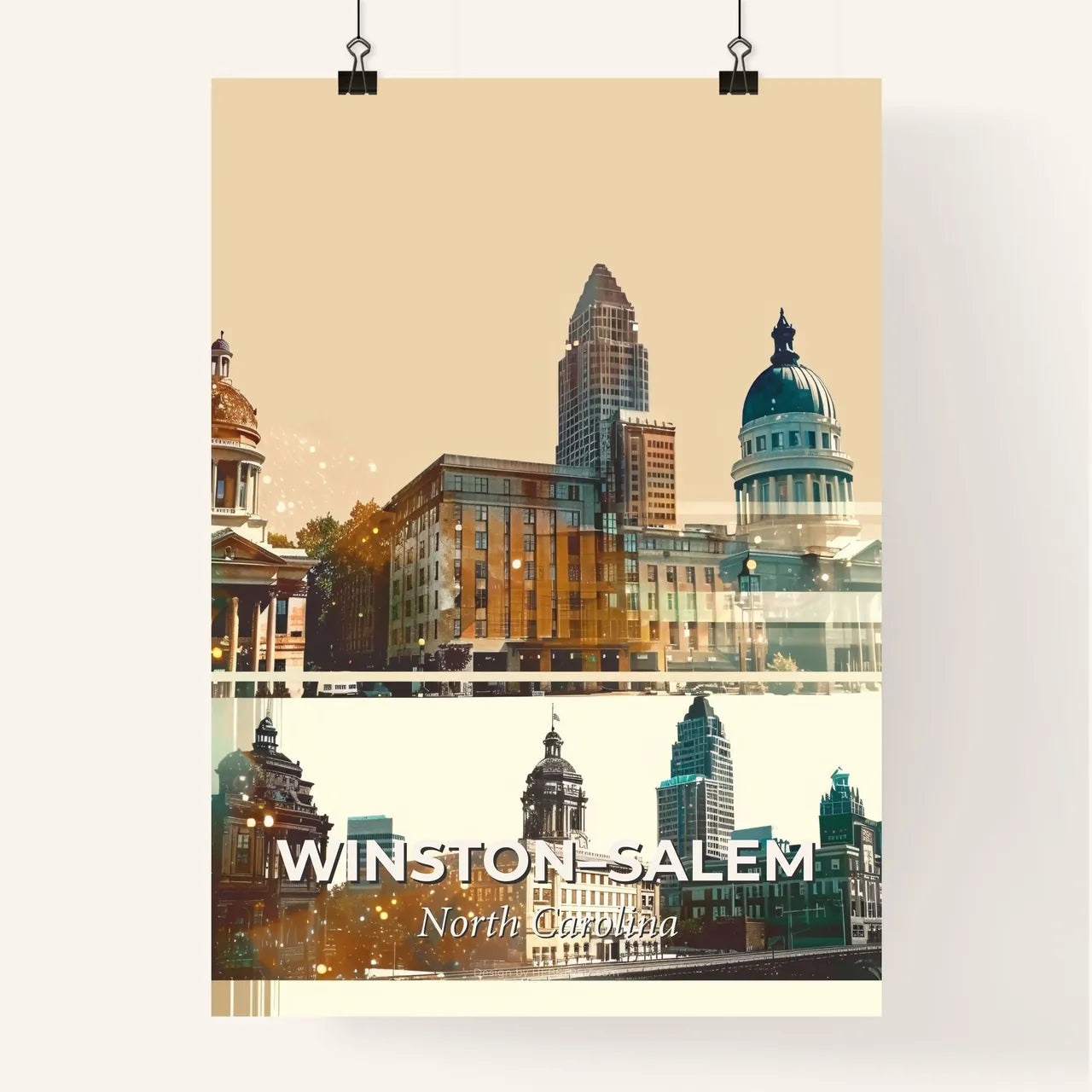Winston-Salem Skyline Cityscape Double Exposure - A city skyline with many tall buildings Poster