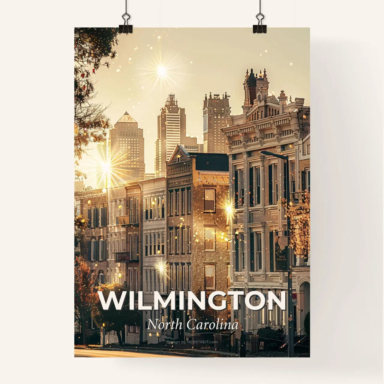 Wilmington Silhouette Skyline Cityscape Art Deco - A row of buildings with lights and trees in front of them Poster