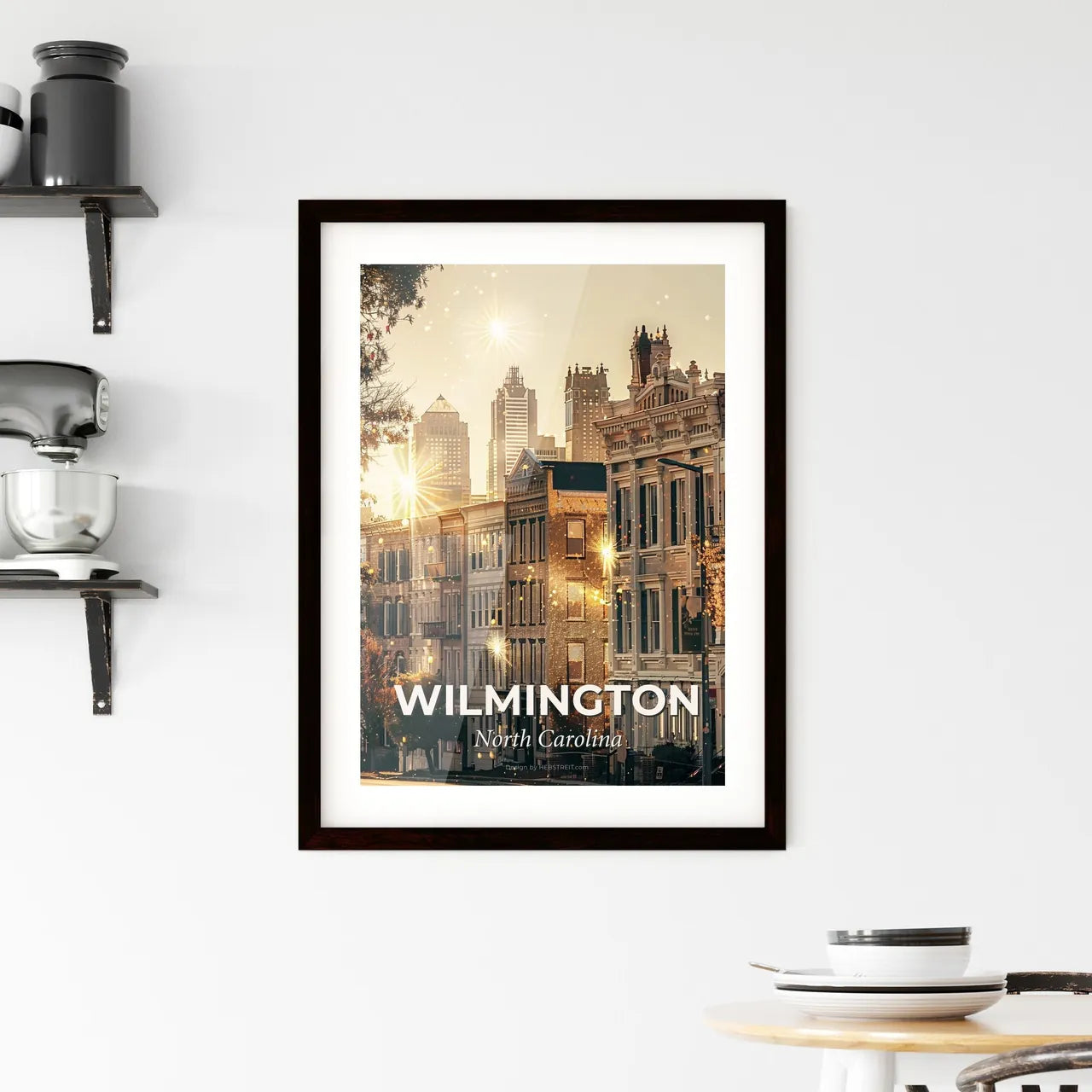 Wilmington Silhouette Skyline Cityscape Art Deco - A row of buildings with lights and trees in front of them Custom Print