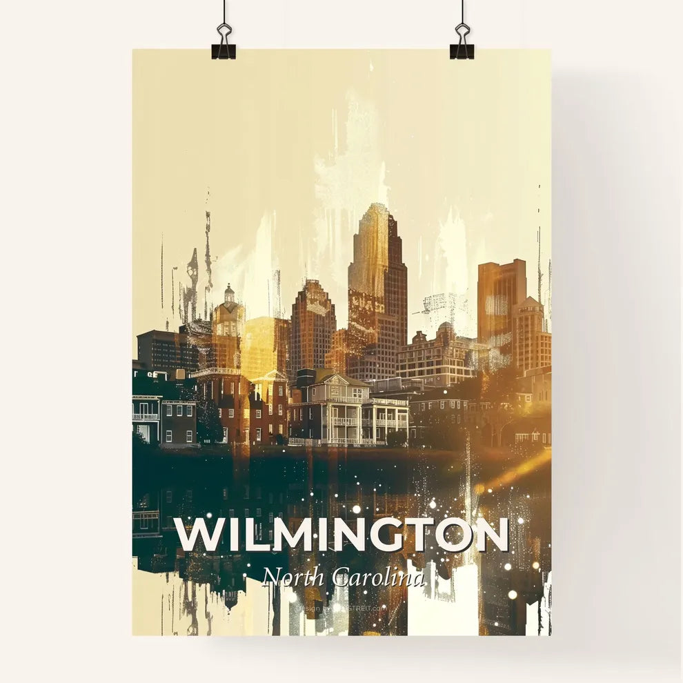 Wilmington NC Skyline Double Exposure Bright Beige - A city skyline with buildings and water Poster