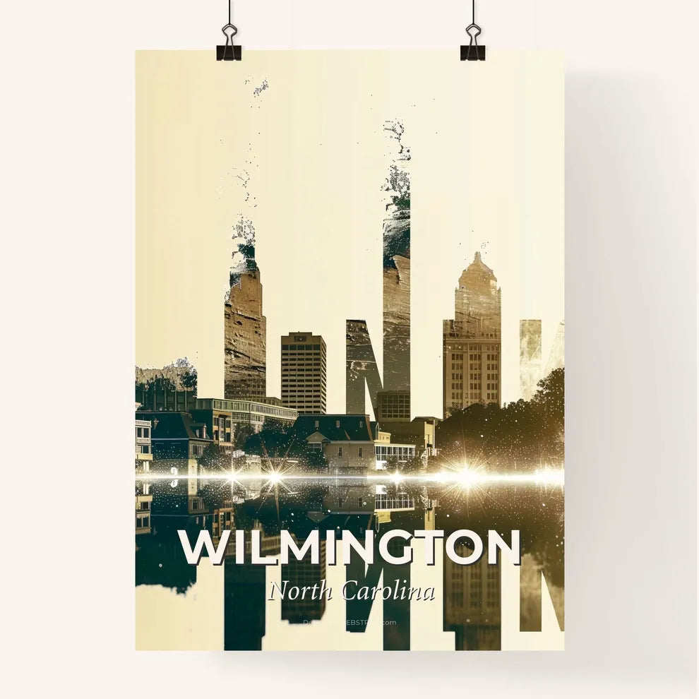Wilmington City Skyline Double Exposure Art - A city skyline with buildings and trees Poster