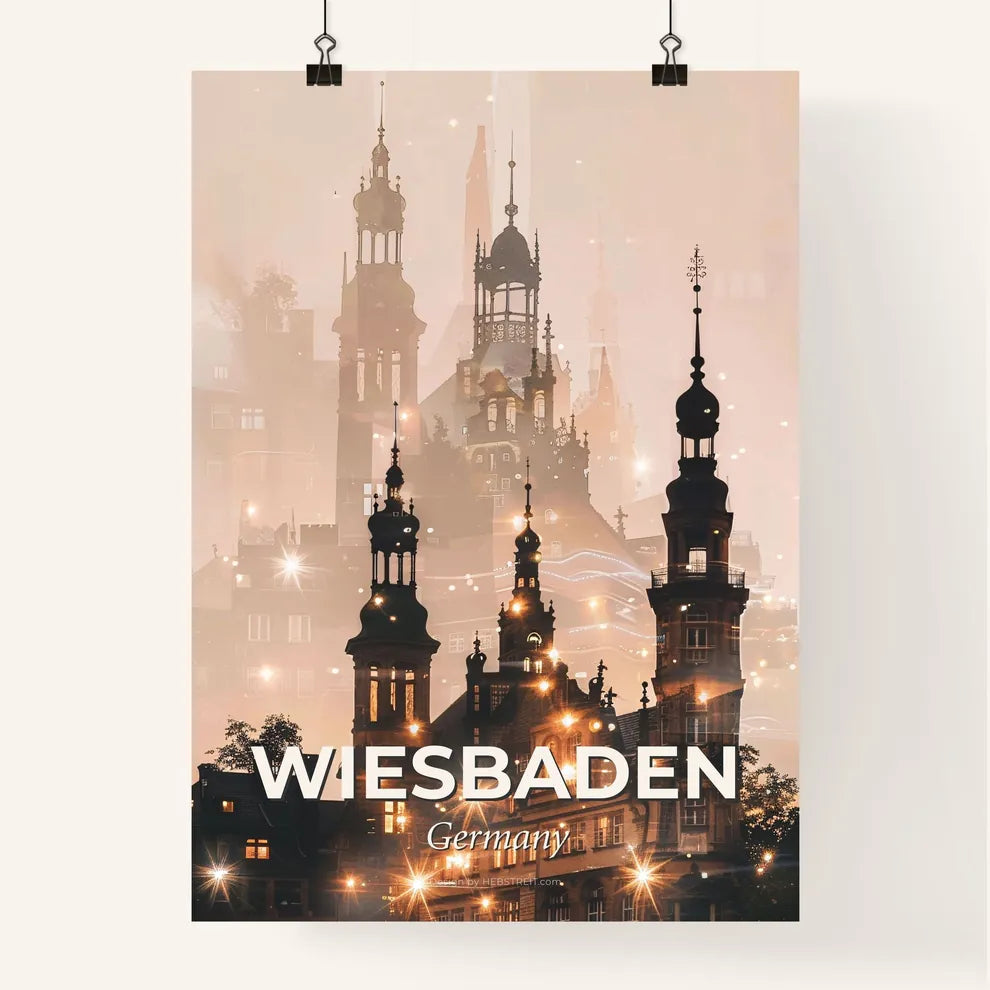 Wiesbaden Skyline Double Exposure Art Impressions - A building with towers and lights Poster