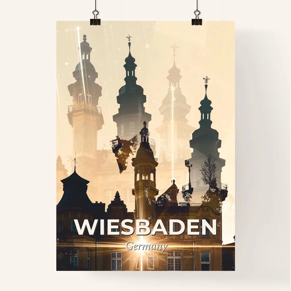 Wiesbaden Skyline Cityscape Double Exposure Poster Art - A building with towers and a sunburst Poster