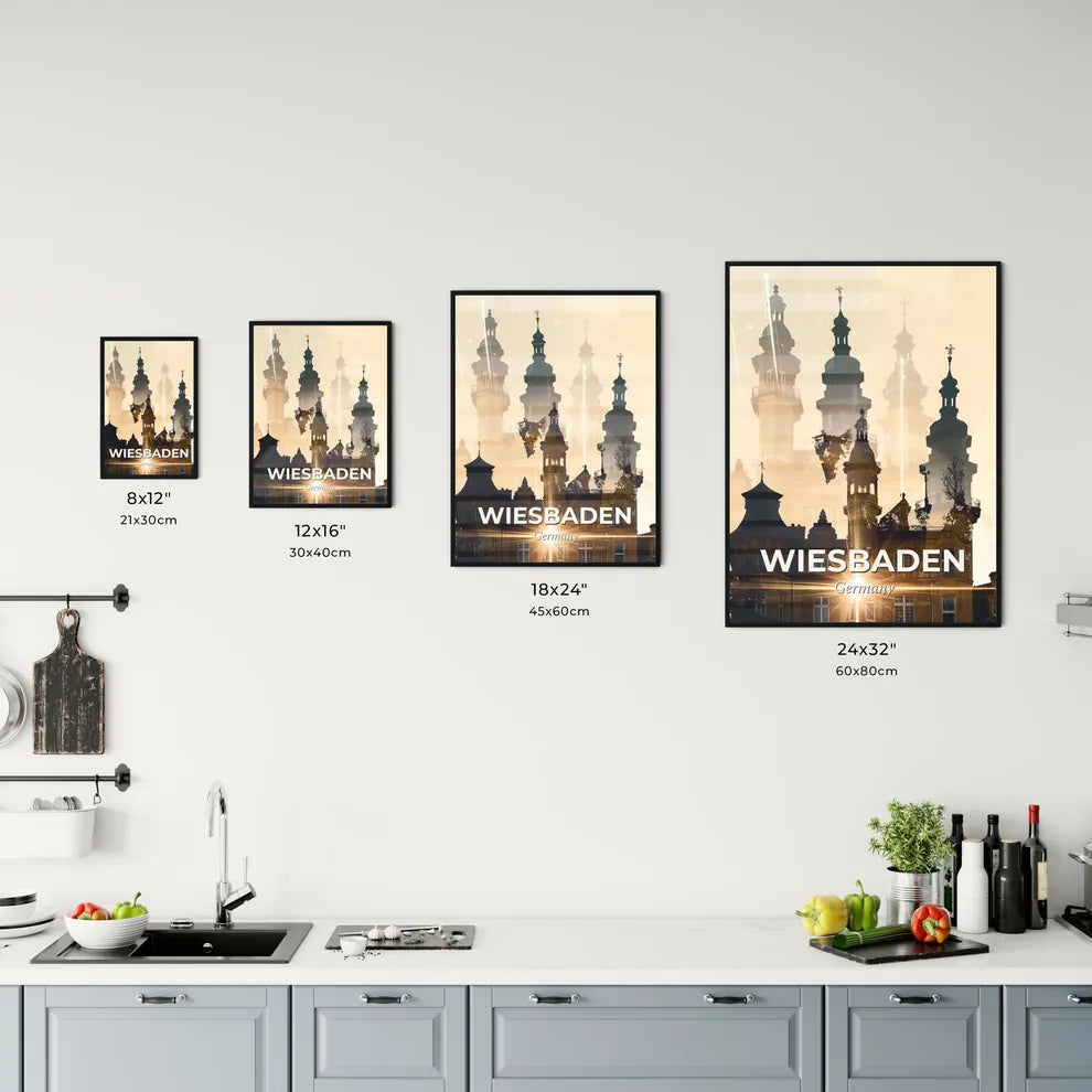 Wiesbaden Skyline Cityscape Double Exposure Poster Art - A building with towers and a sunburst Size Chart
