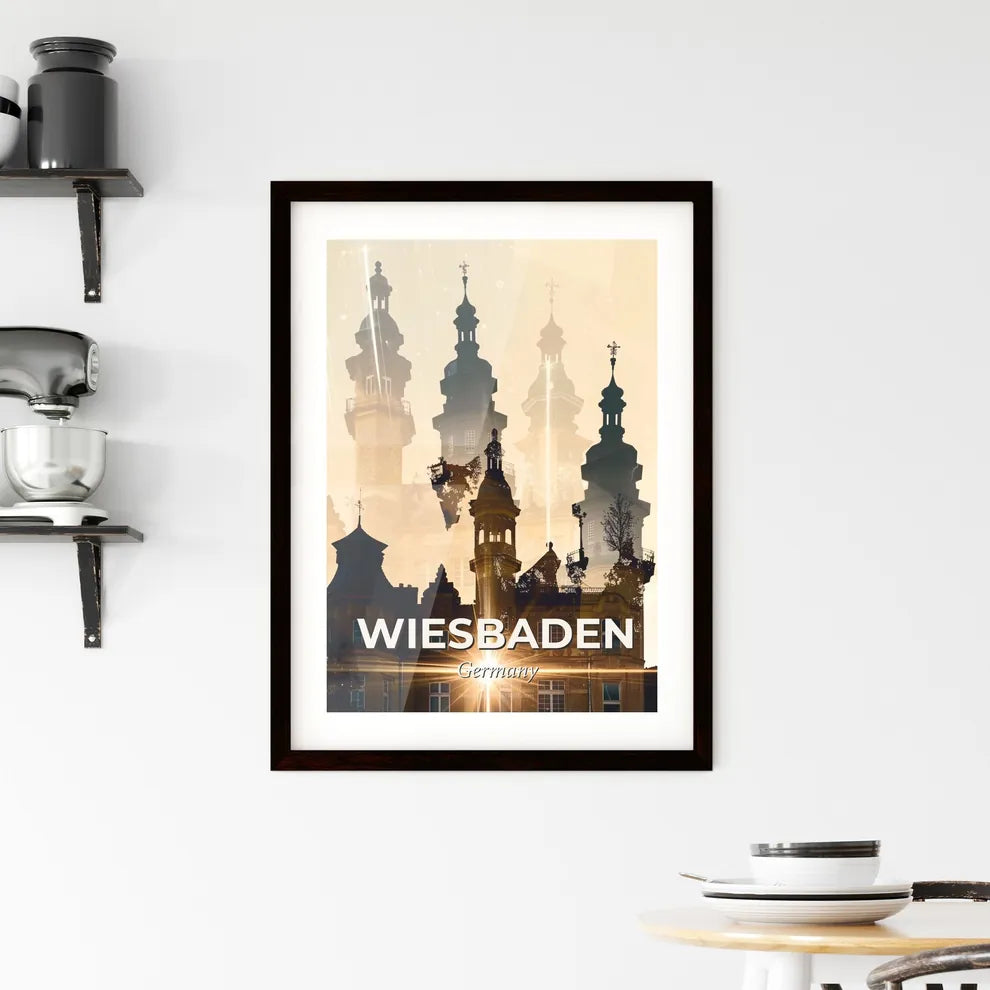 Wiesbaden Skyline Cityscape Double Exposure Poster Art - A building with towers and a sunburst Custom Print