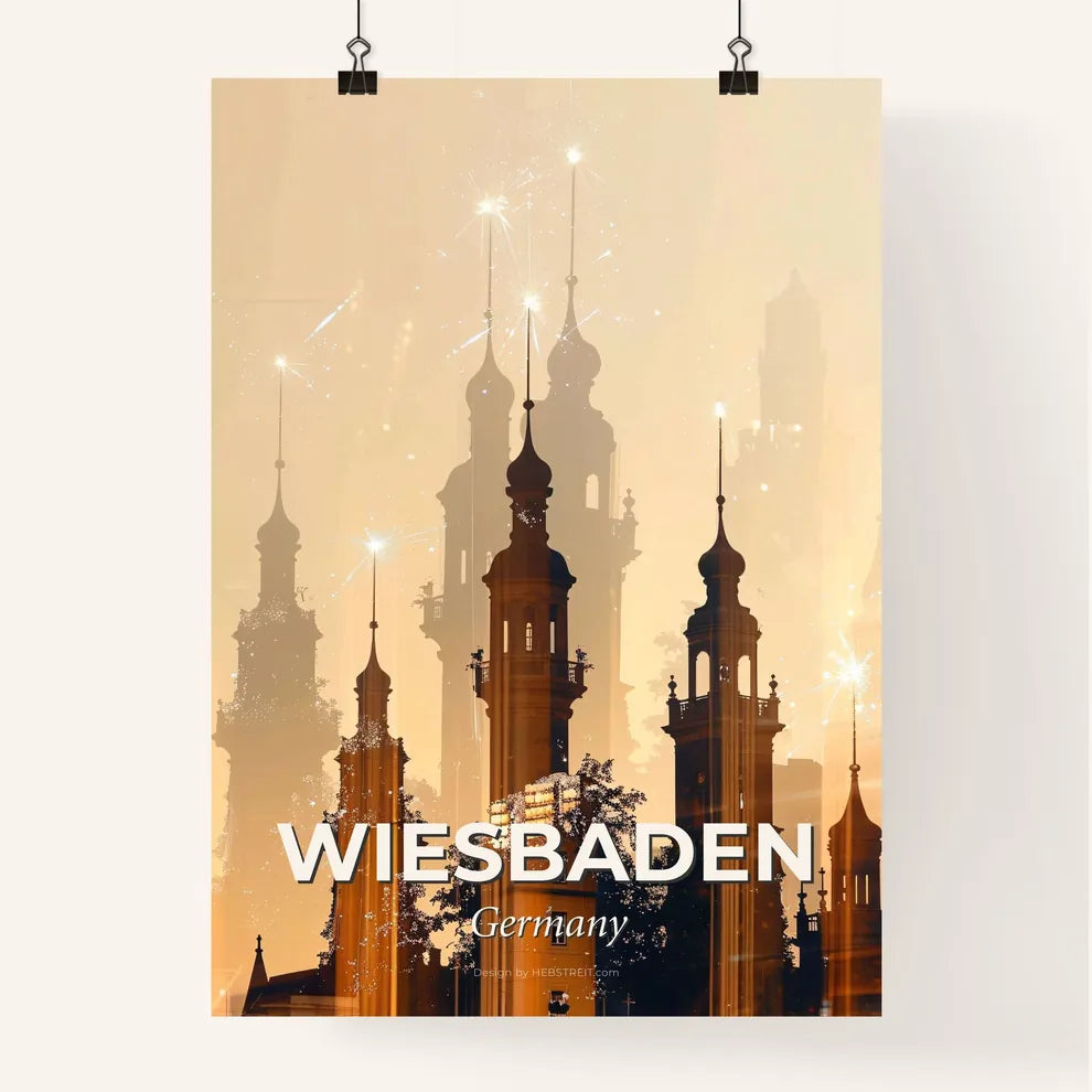Wiesbaden City Skyline Double Exposure Art Poster - A building with towers and spires Poster