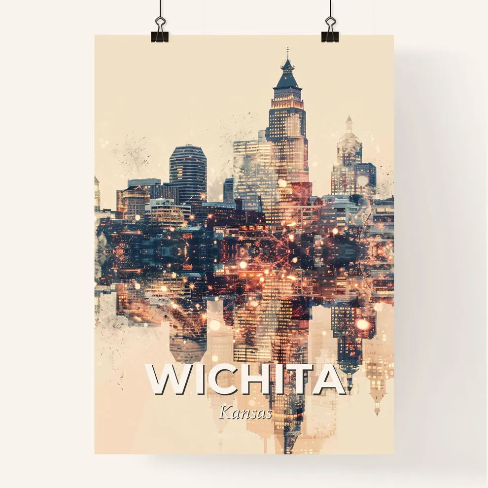 Wichita Skyline Panorama Art Deco Poster - A city skyline with lights Poster