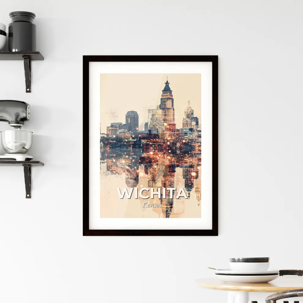 Wichita Skyline Panorama Art Deco Poster - A city skyline with lights Custom Print