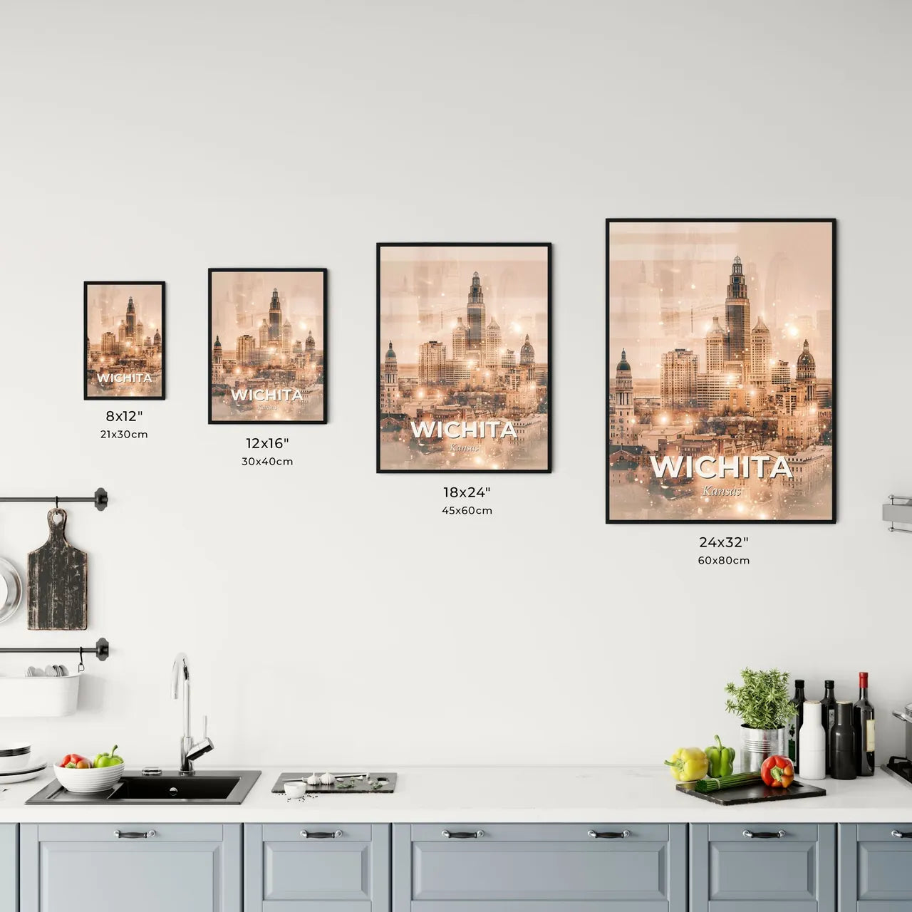 Wichita Cityscape Composite Silhouette Art Design - A city with many tall buildings Size Chart