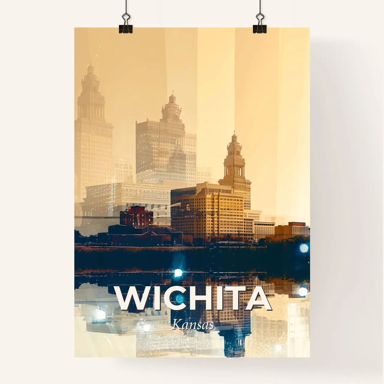 Wichita, Kansas: Where City and Architecture Sparkle - A city skyline with buildings and a body of water Poster