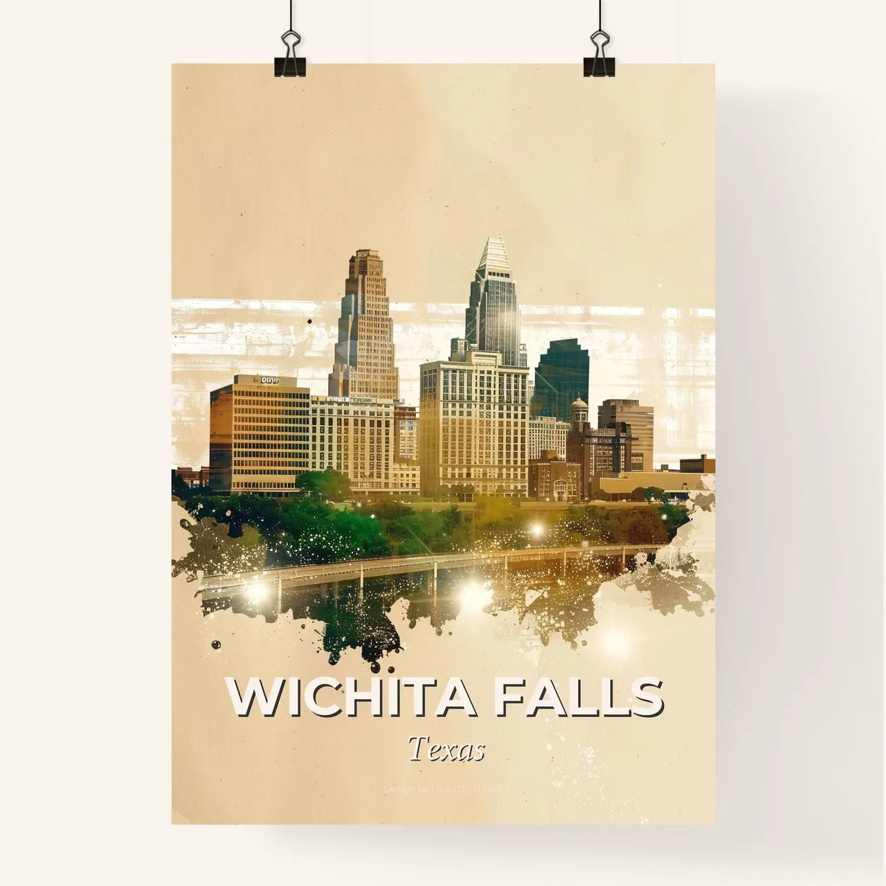 Wichita Falls Cityscape Composite Art - A city skyline with a bridge and trees Poster