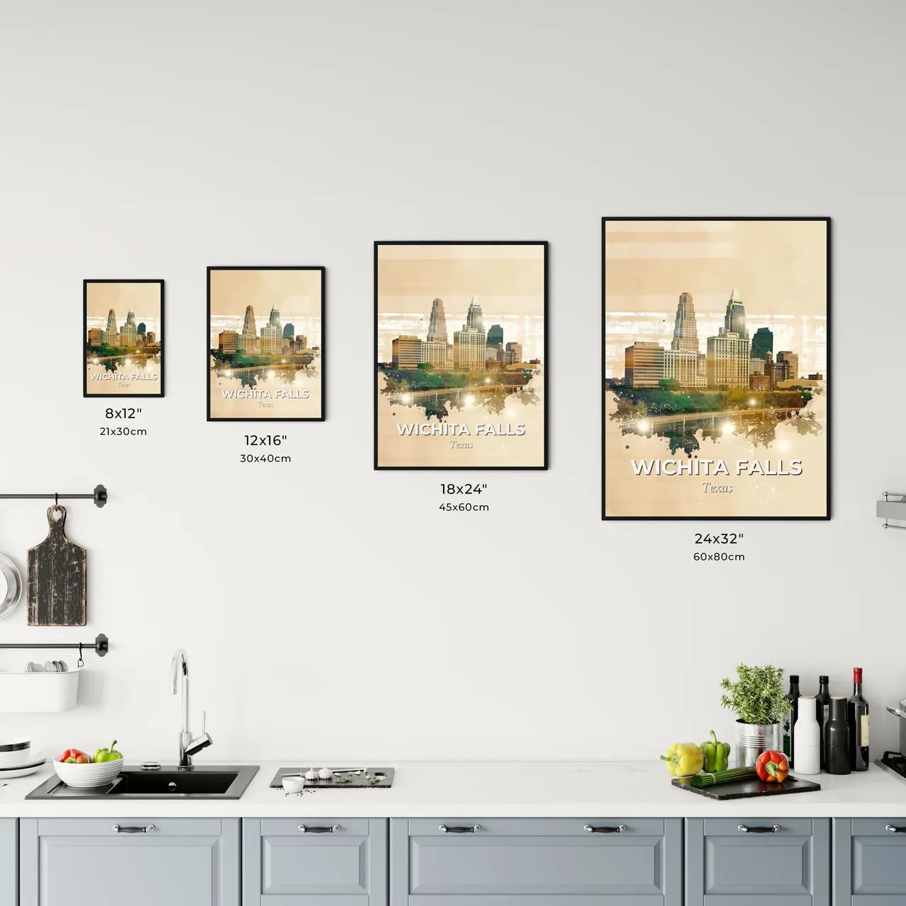 Wichita Falls Cityscape Composite Art - A city skyline with a bridge and trees Size Chart