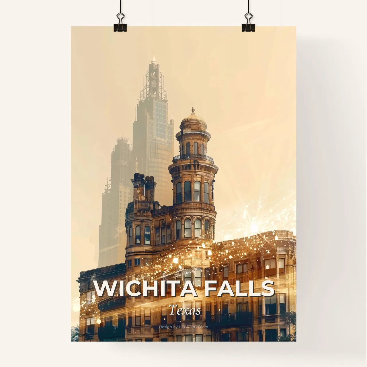 Wichita Skyline Sunset Sparkles City Poster - A building with a tall tower Poster