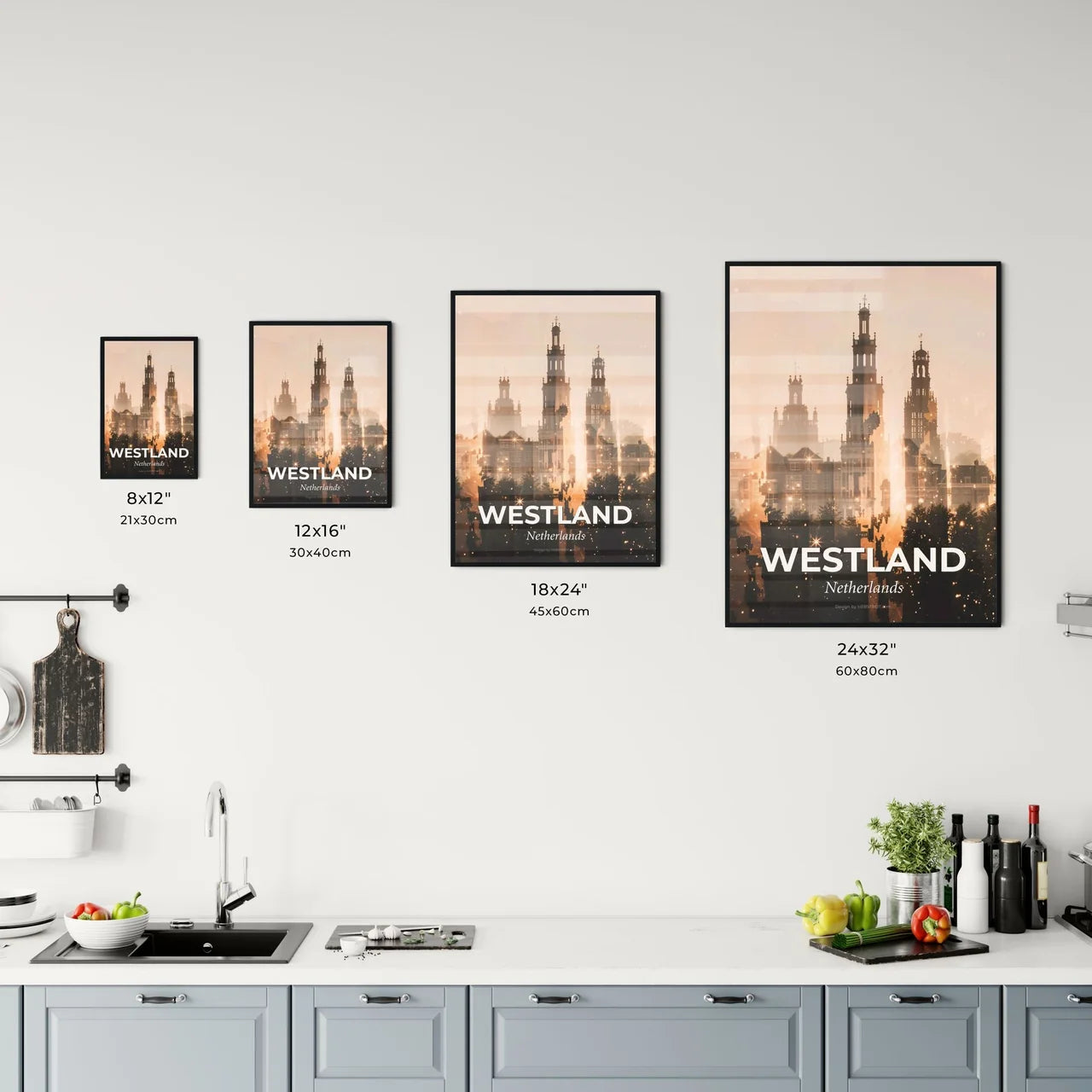 Westland Skyline Double Exposure Art Poster - A city skyline with many tall buildings Size Chart