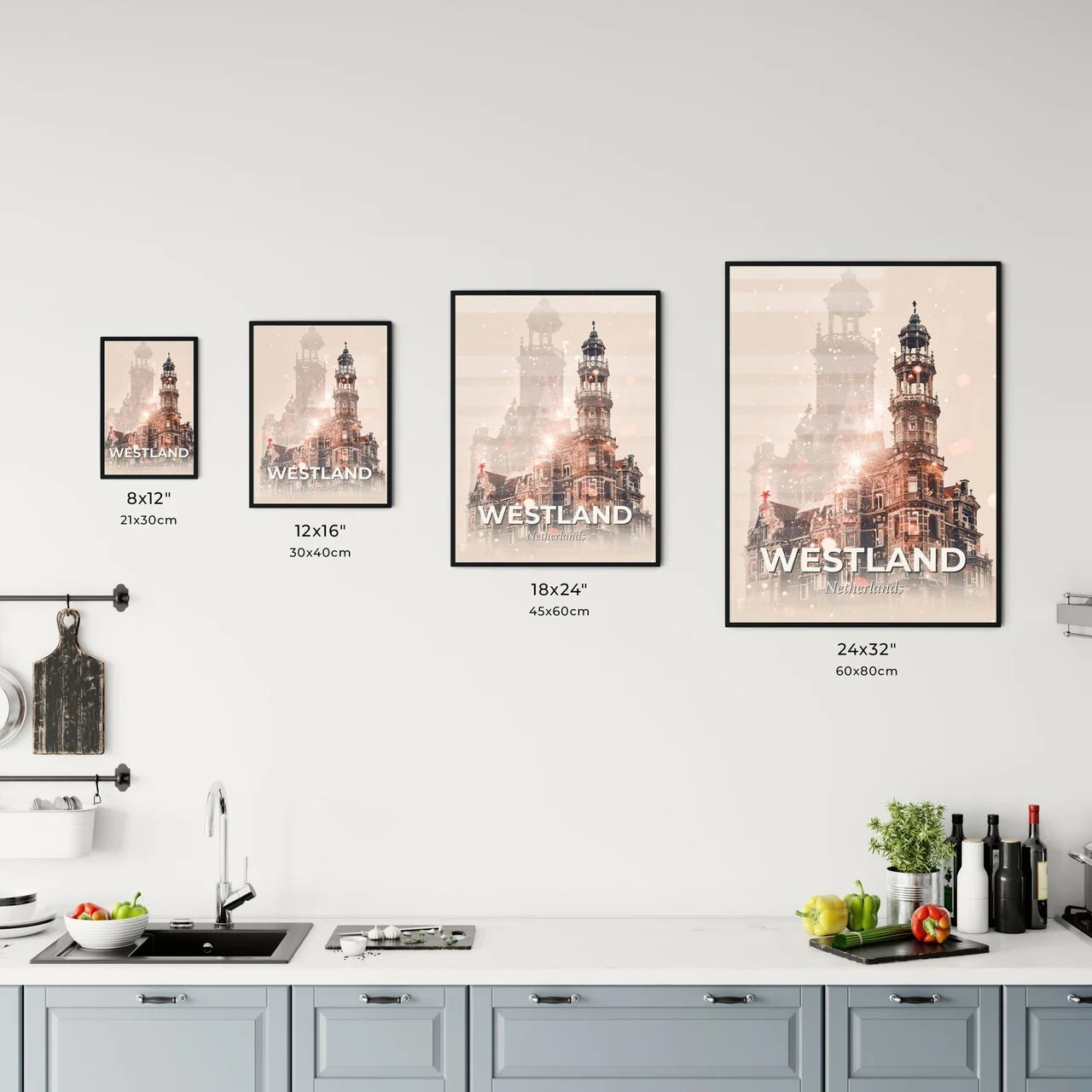 Westland Double Exposure Composite Art Skyline - A building with a tower Size Chart
