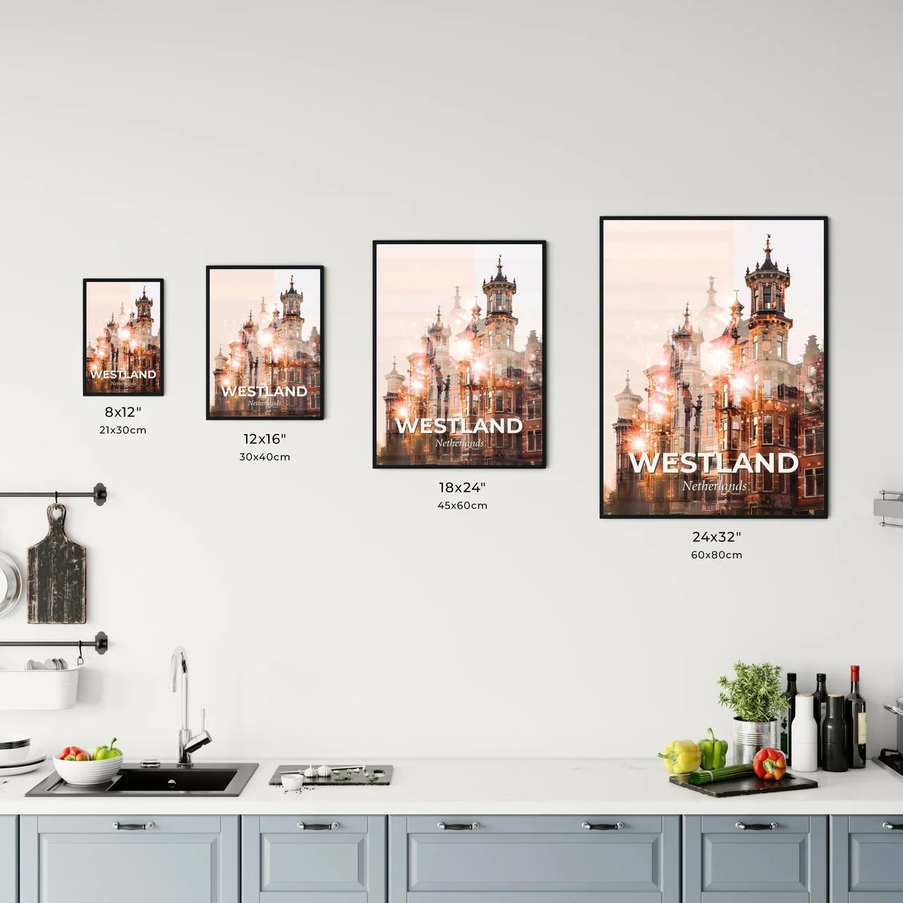 Westland Skyline Panorama Cityscape Art Poster - A building with many windows Size Chart