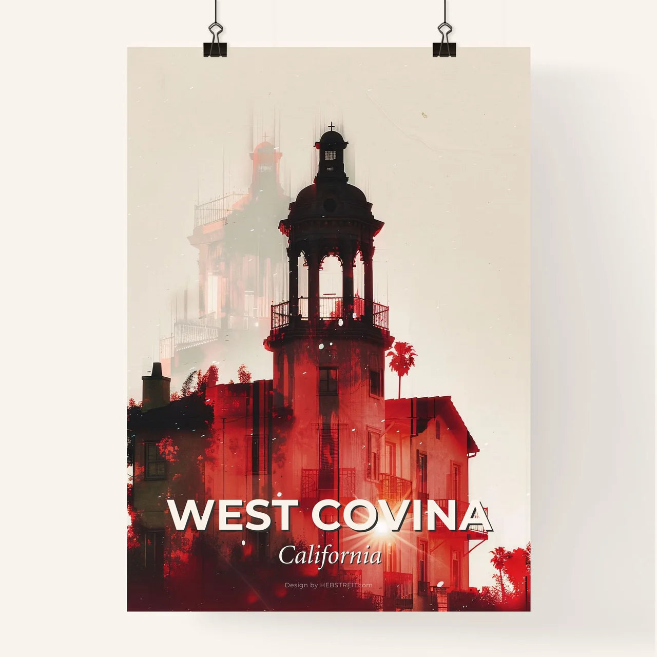 West Covina City Lightscapes with Architectural Icons - A building with a tower and a light Poster