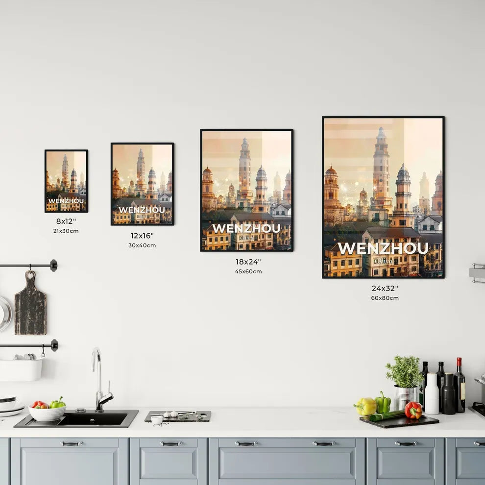 Wenzhou Skyline Composite Modern Art Artwork - A city with many towers Size Chart