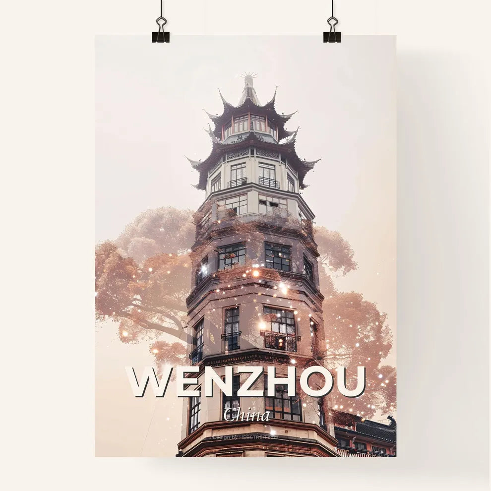 Wenzhou City Skyline Double Exposure Composite Poster Art - A building with a tower Poster