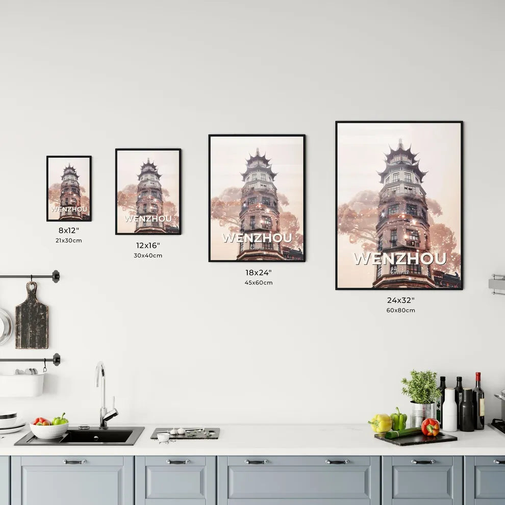 Wenzhou City Skyline Double Exposure Composite Poster Art - A building with a tower Size Chart