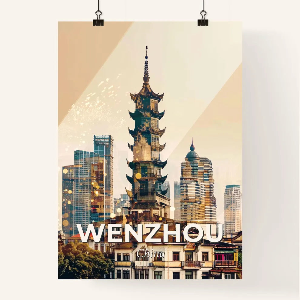 Wenzhou Skyline Double Exposure Art Poster - A tall building with a tower and a city skyline Poster