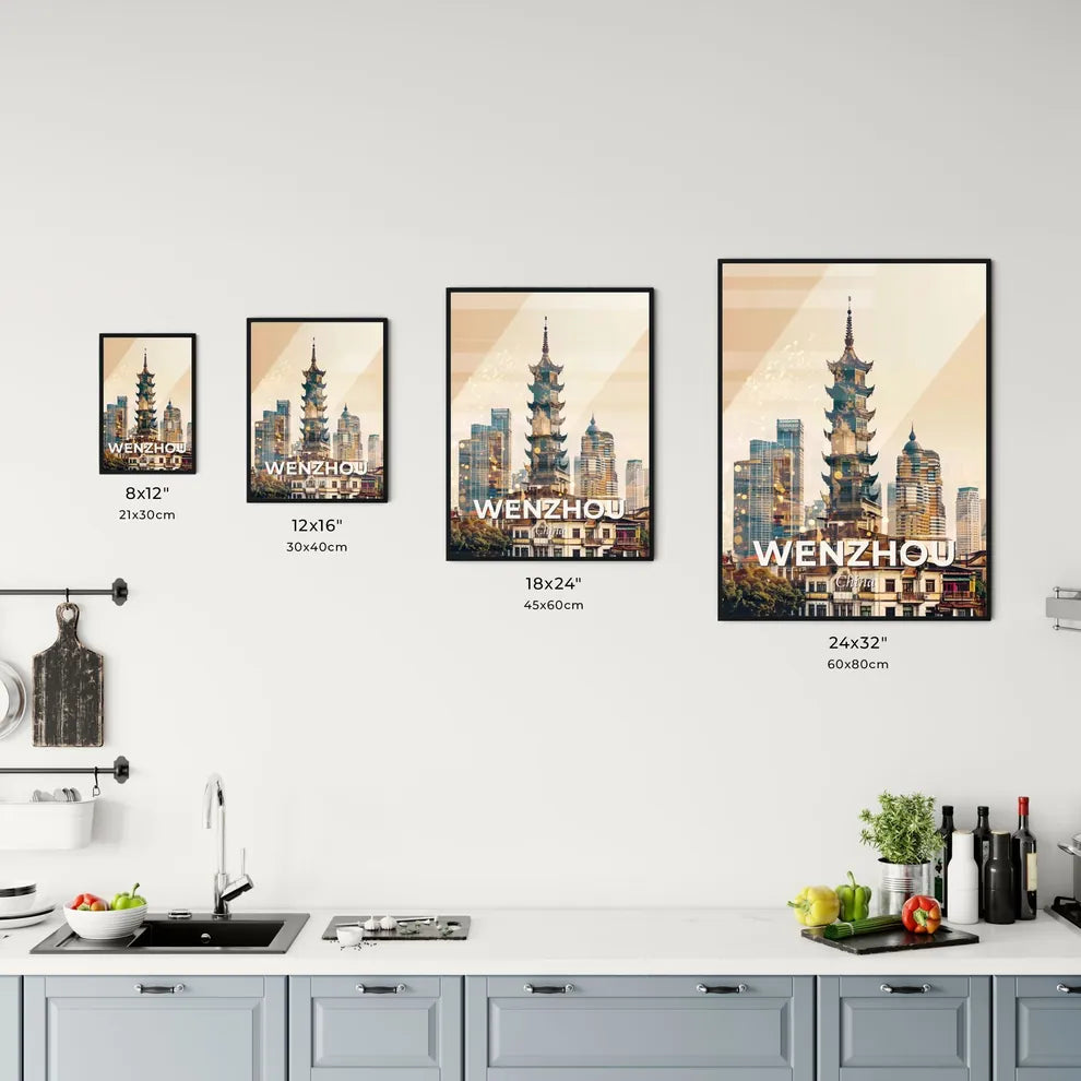 Wenzhou Skyline Double Exposure Art Poster - A tall building with a tower and a city skyline Size Chart