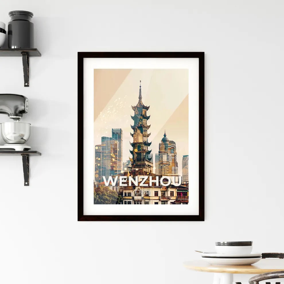 Wenzhou Skyline Double Exposure Art Poster - A tall building with a tower and a city skyline Custom Print