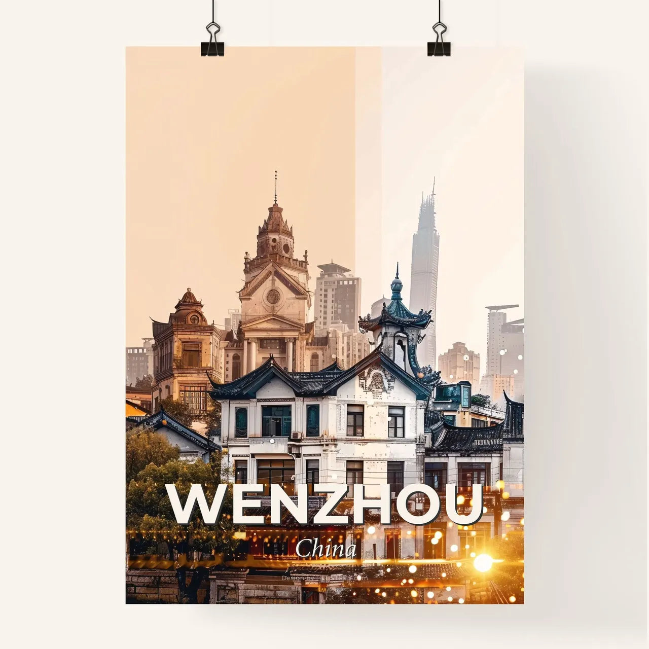 Wenzhou City Skyline Composite Poster - A group of buildings with trees and a city in the background Poster