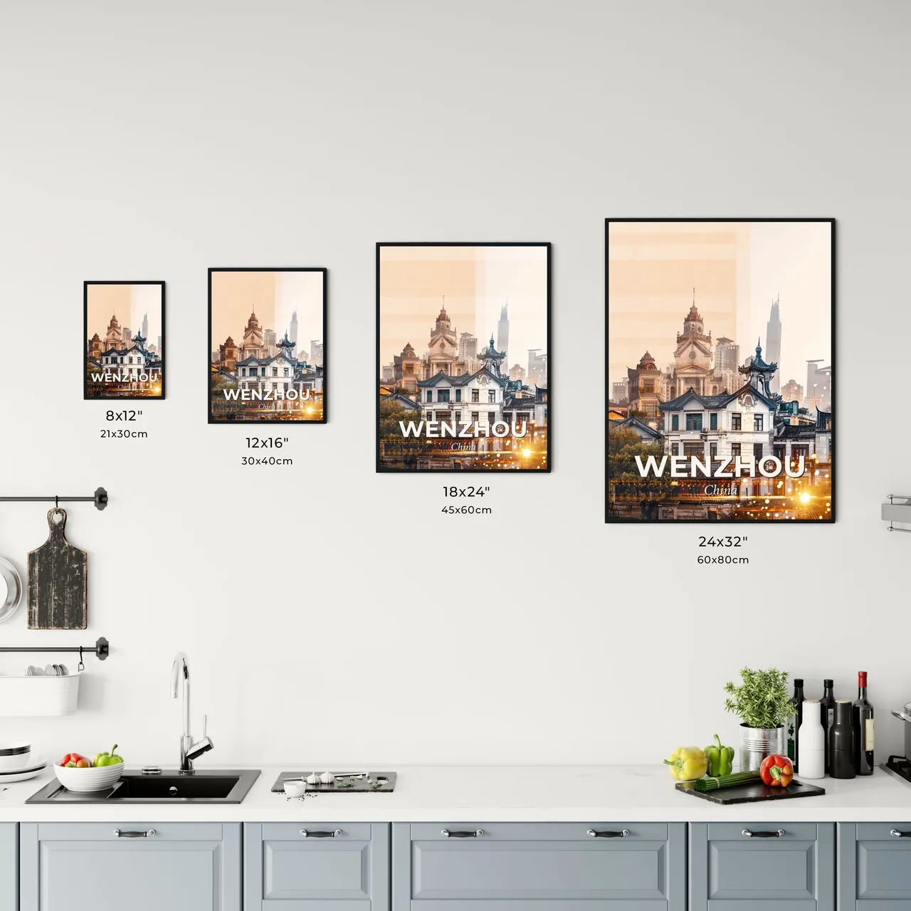 Wenzhou City Skyline Composite Poster - A group of buildings with trees and a city in the background Size Chart