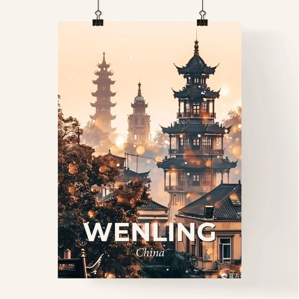 Wenling Skyline Local Icons Bright Beige Poster - A group of buildings with tall towers Poster
